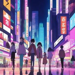 A vibrant and dynamic anime scene featuring a group of characters in a bustling city