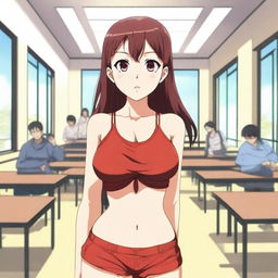 An anime girl with a red bikini top, standing alone in a school setting