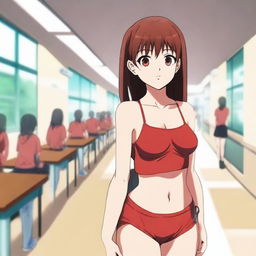 An anime girl with a red bikini top, standing alone in a school setting