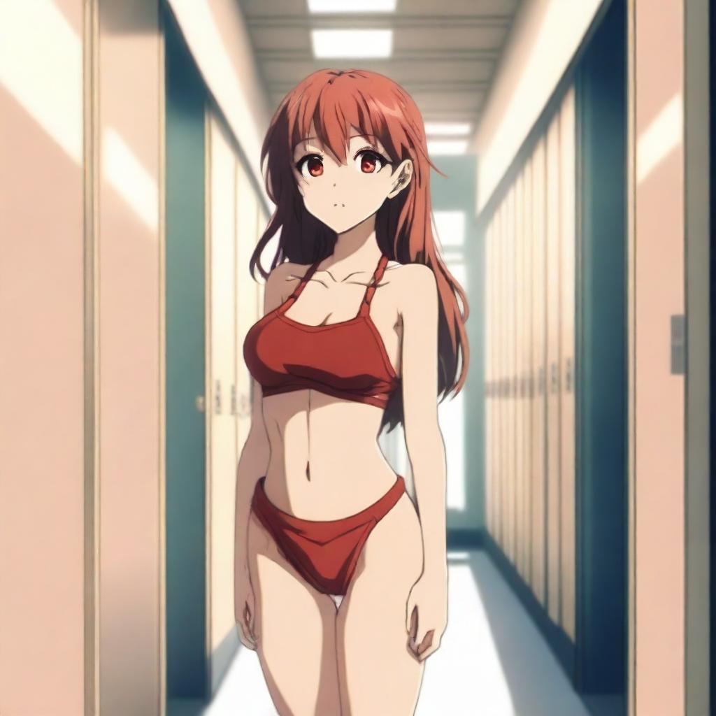 An anime girl wearing a red bikini top, standing alone in an empty school hallway