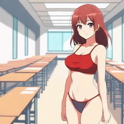 An anime girl with a red bikini top, standing alone in a school setting