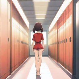 An anime girl wearing a red bikini top, standing alone in an empty school hallway