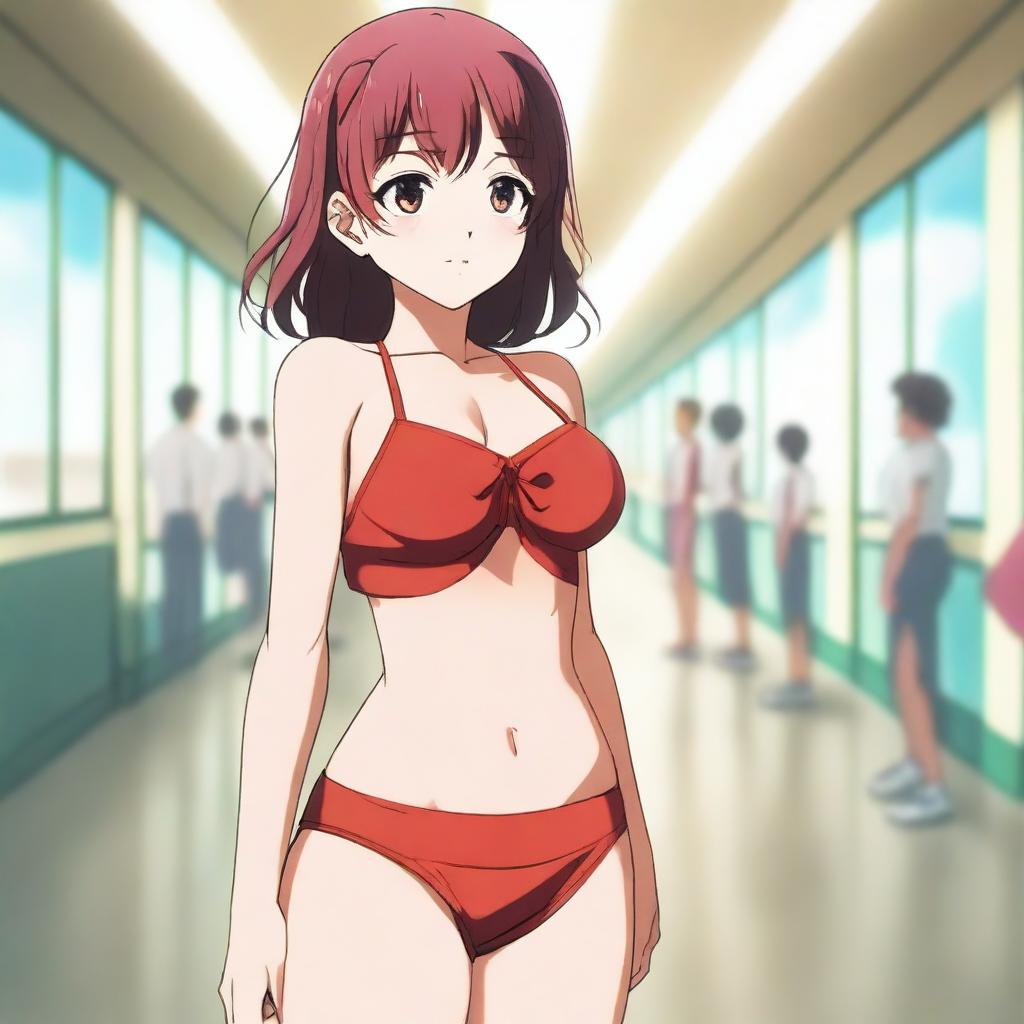 An anime girl with a red bikini top, standing alone in a school setting