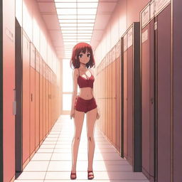 An anime girl wearing a red bikini top, standing alone in an empty school hallway