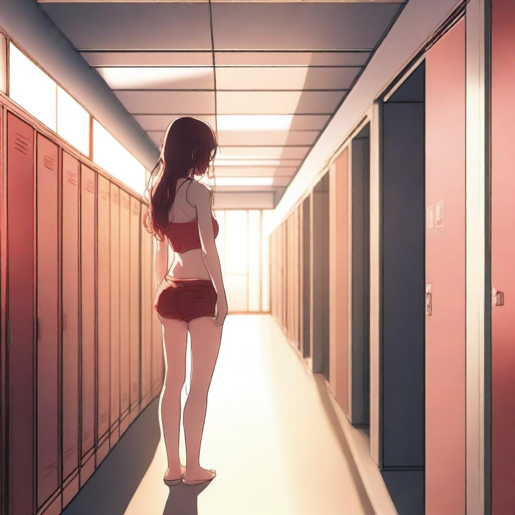 An anime girl wearing a red bikini top, standing alone in an empty school hallway