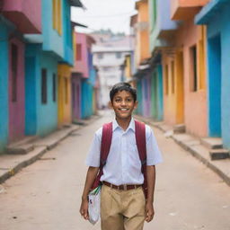 A schoolgoing Indian boy, dressed in traditional school uniform and carrying a bag, walking down a vibrant street lined with colorful buildings