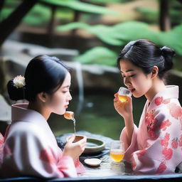 A portrait of Japanese girls enjoying a hot spring