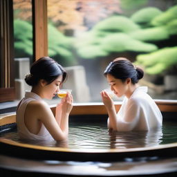 A portrait of Japanese girls enjoying a hot spring