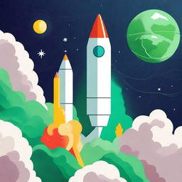 Create an artistic movie poster featuring a rocket with three boosters launching into space