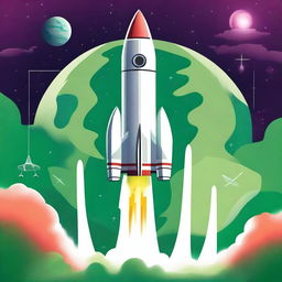 Create an artistic movie poster featuring a rocket with three boosters launching into space