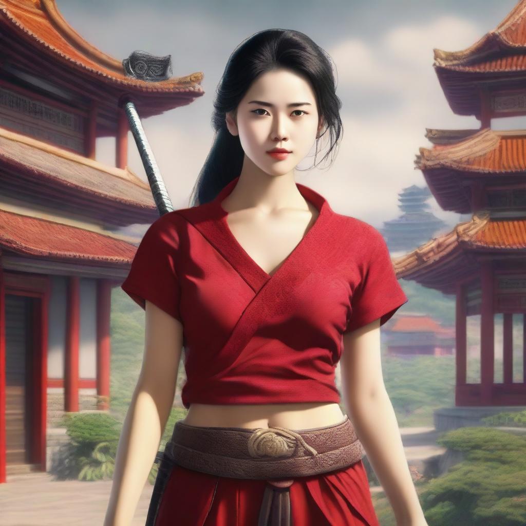 A highly detailed portrait of a village woman with eyes closed, wearing a tight red shirt and shorts, carrying a katana