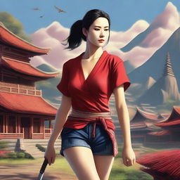 A highly detailed portrait of a village woman with eyes closed, wearing a tight red shirt and shorts, carrying a katana