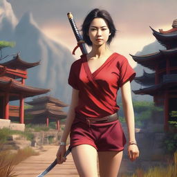 A highly detailed portrait of a village woman with eyes closed, wearing a tight red shirt and shorts, carrying a katana