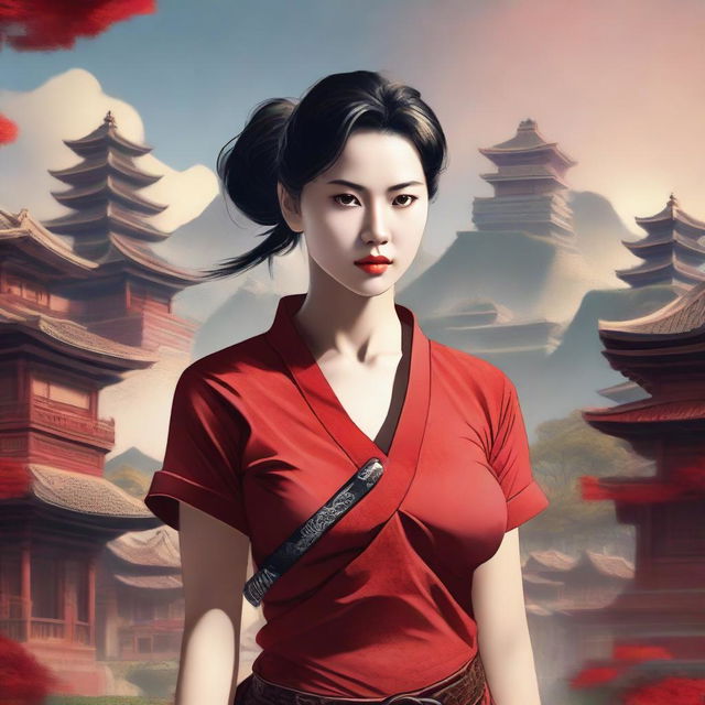 A highly detailed portrait of a village woman with eyes closed, wearing a tight red shirt and shorts, carrying a katana