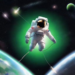 An astronaut floating in space on a tether, with a rocket in the background