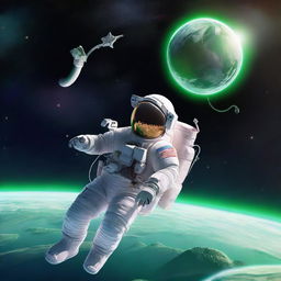 An astronaut floating in space on a tether, with a rocket in the background