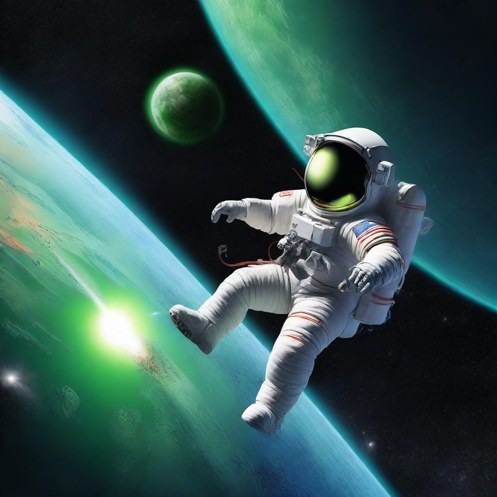 An astronaut floating in space on a tether, with a rocket in the background