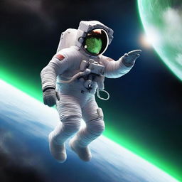 An astronaut floating in space on a tether, with a rocket in the background