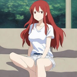 A beautiful anime woman with long dark red hair and bright red eyes that shine like lights