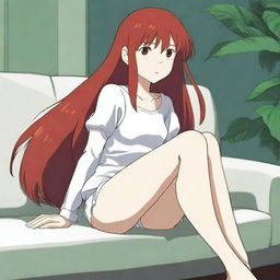 A beautiful anime woman with long dark red hair and bright red eyes that shine like lights