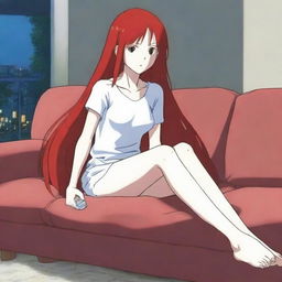 A beautiful anime woman with long dark red hair and bright red eyes that shine like lights