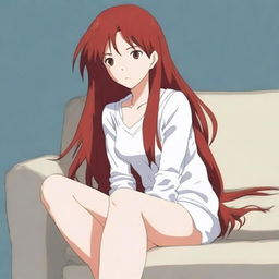 A beautiful anime woman with long dark red hair and bright red eyes that shine like lights