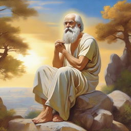 Paint a serene scene of Socrates, the renowned ancient Greek philosopher, sitting on a weathered rock under the warm, golden rays of the sun