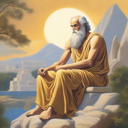 Paint a serene scene of Socrates, the renowned ancient Greek philosopher, sitting on a weathered rock under the warm, golden rays of the sun