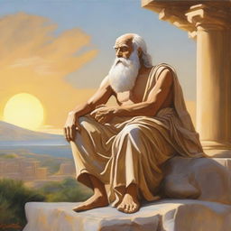 Paint a serene scene of Socrates, the renowned ancient Greek philosopher, sitting on a weathered rock under the warm, golden rays of the sun