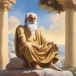 Paint a serene scene of Socrates, the renowned ancient Greek philosopher, sitting on a weathered rock under the warm, golden rays of the sun