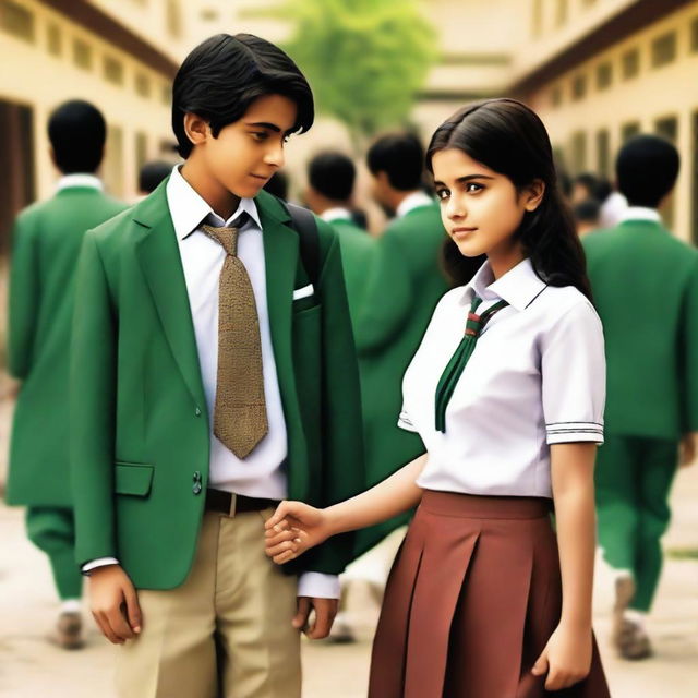 A seductive Pakistani schoolgirl holding a boy's hands, both dressed in traditional school uniforms