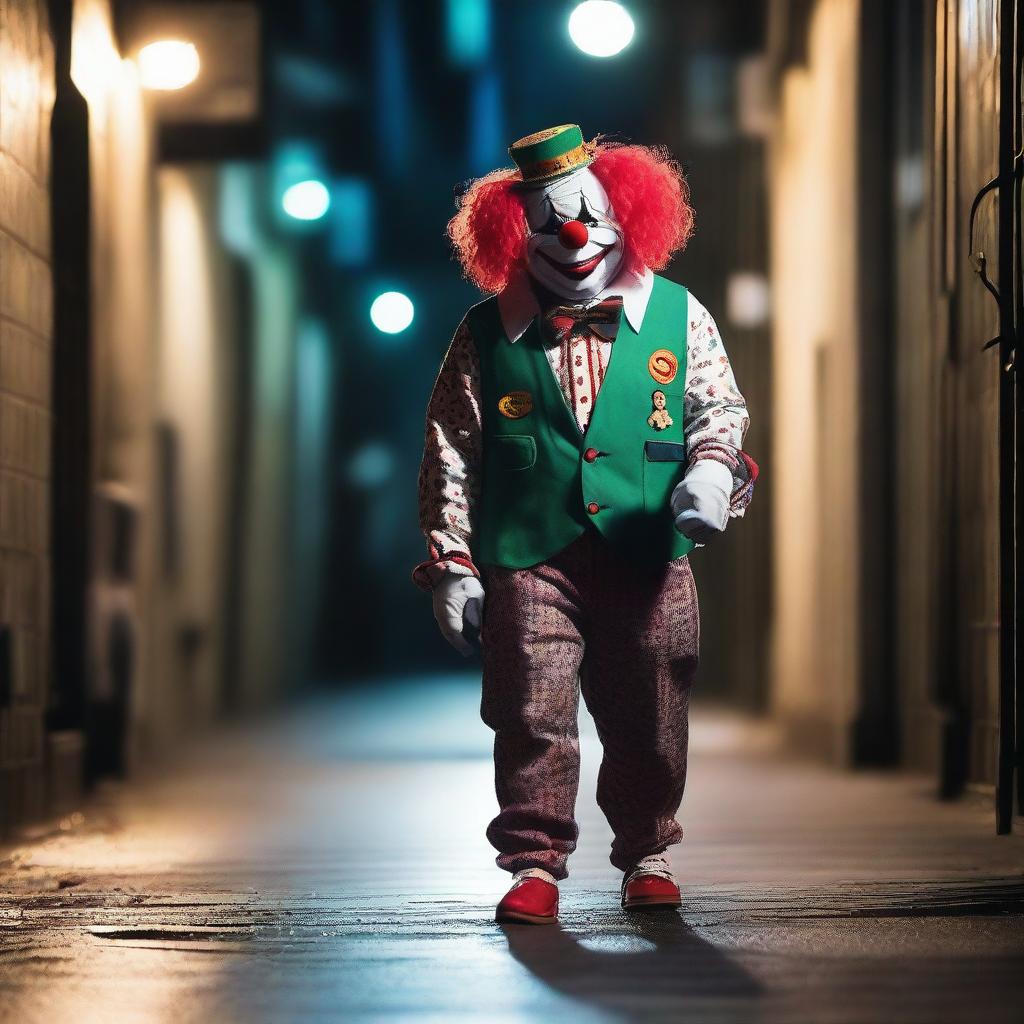 A ghostpunk style clown, dressed in South Sydney Rabbitohs merchandise, walking his ghostly cavoodle in a dark, gritty alleyway