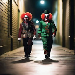 A ghostpunk style clown, dressed in South Sydney Rabbitohs merchandise, walking his ghostly cavoodle in a dark, gritty alleyway