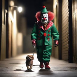 A ghostpunk style clown, dressed in South Sydney Rabbitohs merchandise, walking his ghostly cavoodle in a dark, gritty alleyway