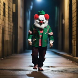 A ghostpunk style clown, dressed in South Sydney Rabbitohs merchandise, walking his ghostly cavoodle in a dark, gritty alleyway