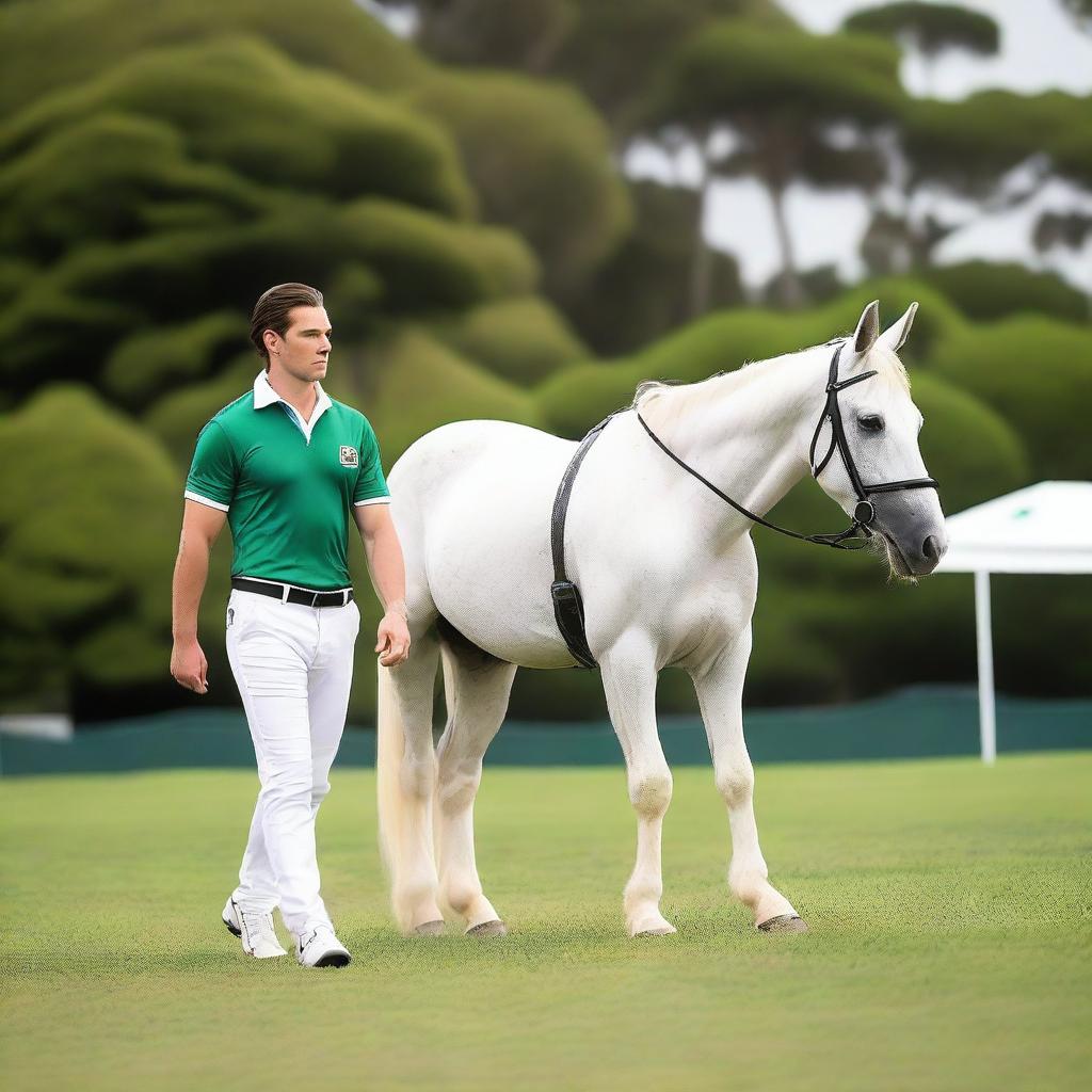 A male who is 189cm tall with blue eyes and black hair slicked back, wearing South Sydney Rabbitohs merchandise, walking alongside a white thoroughbred horse