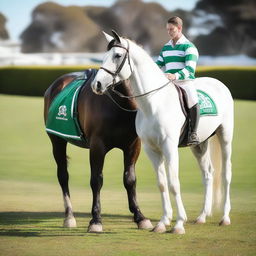 A male who is 189cm tall with blue eyes and black hair slicked back, wearing South Sydney Rabbitohs merchandise, walking alongside a white thoroughbred horse