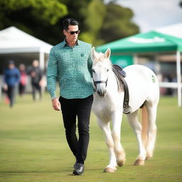 A male who is 189cm tall with blue eyes and black hair slicked back, wearing South Sydney Rabbitohs merchandise, walking alongside a white thoroughbred horse