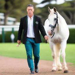 A male who is 189cm tall with blue eyes and black hair slicked back, wearing South Sydney Rabbitohs merchandise, walking alongside a white thoroughbred horse