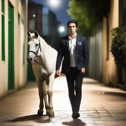 A tall male, 189cm in height, with blue eyes and slicked-back black hair, wearing South Sydney Rabbitohs merchandise