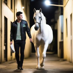 A tall male, 189cm in height, with blue eyes and slicked-back black hair, wearing South Sydney Rabbitohs merchandise