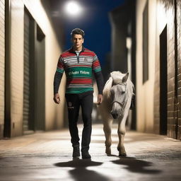 A tall male, 189cm, with blue eyes and black hair slicked back, wearing a South Sydney Rabbitohs 2024 indigenous jersey, walking alongside a white thoroughbred horse in an alleyway at night