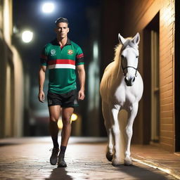 A tall male, 189cm, with blue eyes and black hair slicked back, wearing a South Sydney Rabbitohs 2024 indigenous jersey, walking alongside a white thoroughbred horse in an alleyway at night