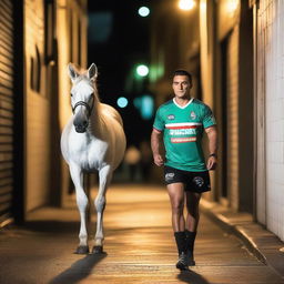 A tall male, 189cm, with blue eyes and black hair slicked back, wearing a South Sydney Rabbitohs 2024 indigenous jersey, walking alongside a white thoroughbred horse in an alleyway at night