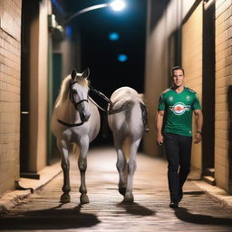 A tall male, 189cm, with blue eyes and black hair slicked back, wearing a South Sydney Rabbitohs 2024 indigenous jersey, walking alongside a white thoroughbred horse in an alleyway at night