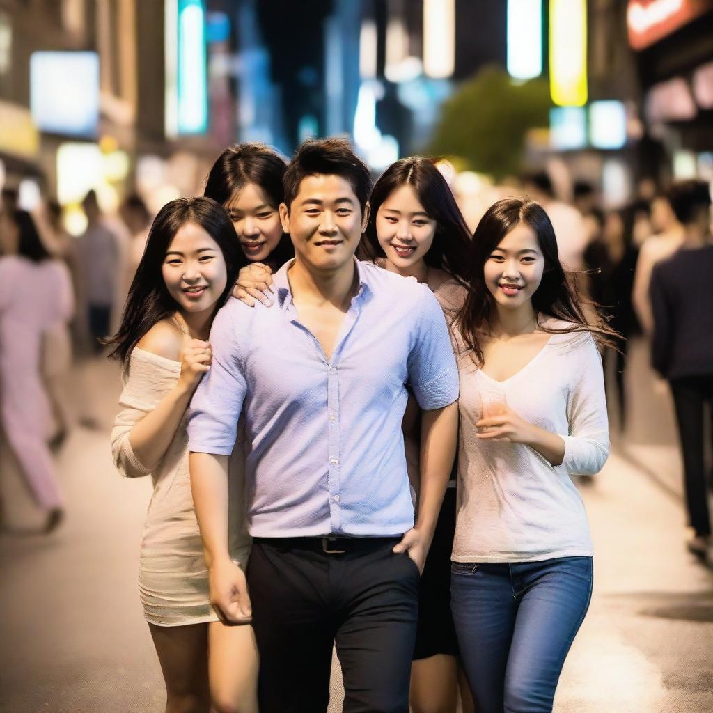 A realistic photo of a man walking home drunk with three Korean girls on his arms, walking through a busy street in Sydney, Australia