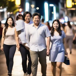 A realistic photo of a man walking home drunk with three Korean girls on his arms, walking through a busy street in Sydney, Australia