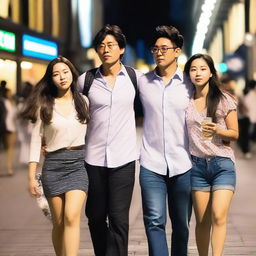 A realistic photo of a man walking home drunk with three Korean girls on his arms, walking through a busy street in Sydney, Australia