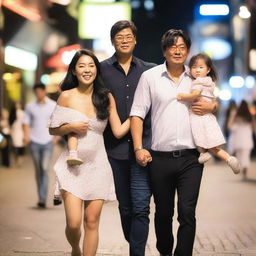 A realistic photo of a man walking home drunk with three Korean girls on his arms, walking through a busy street in Sydney, Australia