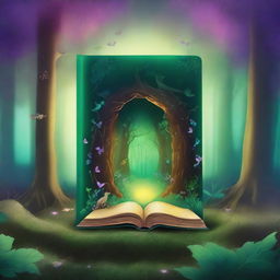 Create a captivating book cover featuring an enchanting forest scene with a mysterious glowing portal at its center